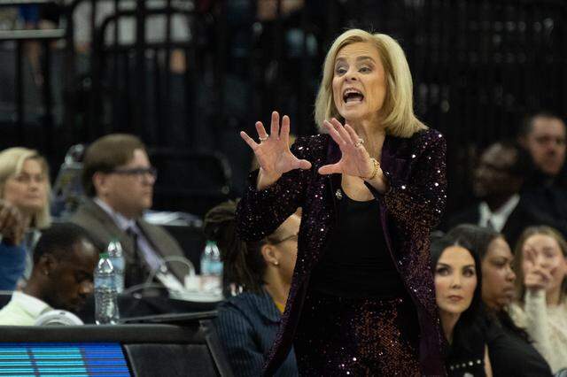 Louisiana State University Tigers head coach Kim Mulkey gestures during the NCAA Women’s Basketball Tournament Sweet 16 game against Duke at Golden 1 Center in Sacramento on Friday.